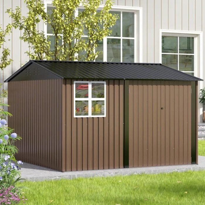 10 Ft. W X 10 Ft. D Brown Metal Storage Shed With Sloping Roof And Double Lockable Door (100 Sq. Ft.) - Image 3