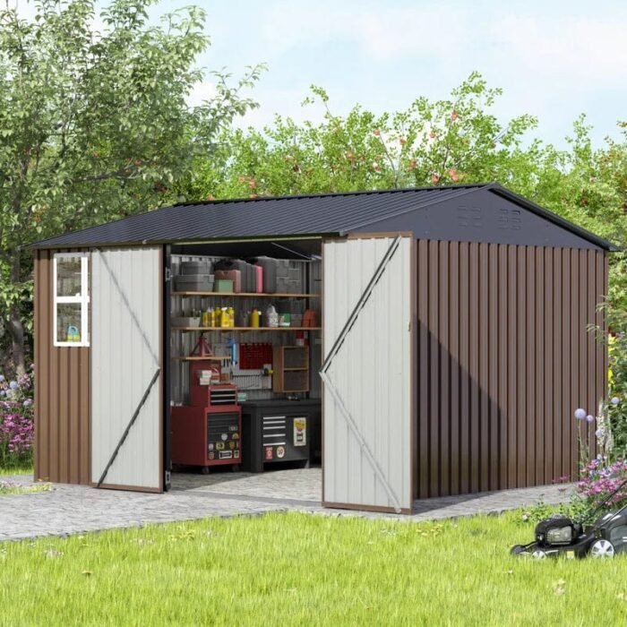 10 Ft. W X 10 Ft. D Brown Metal Storage Shed With Sloping Roof And Double Lockable Door (100 Sq. Ft.) - Image 1