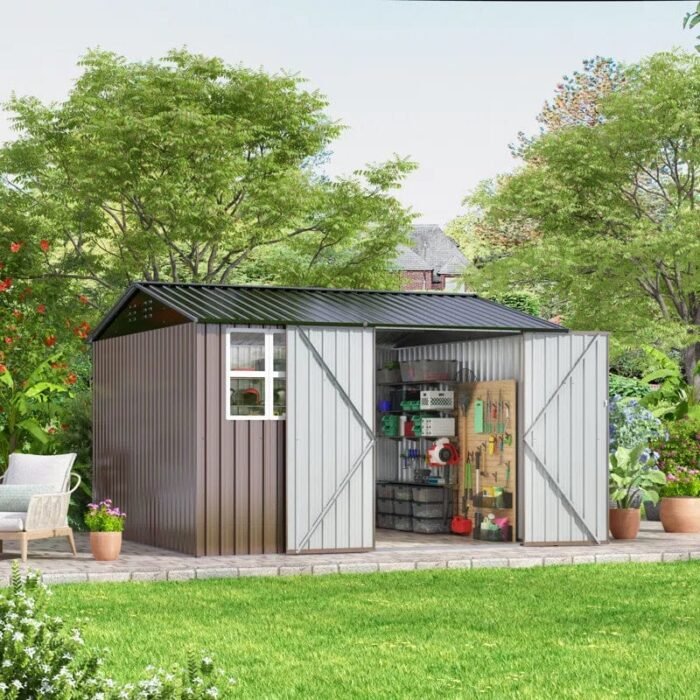 10 Ft. W X 10 Ft. D Brown Metal Storage Shed With Sloping Roof And Double Lockable Door (100 Sq. Ft.) - Image 2