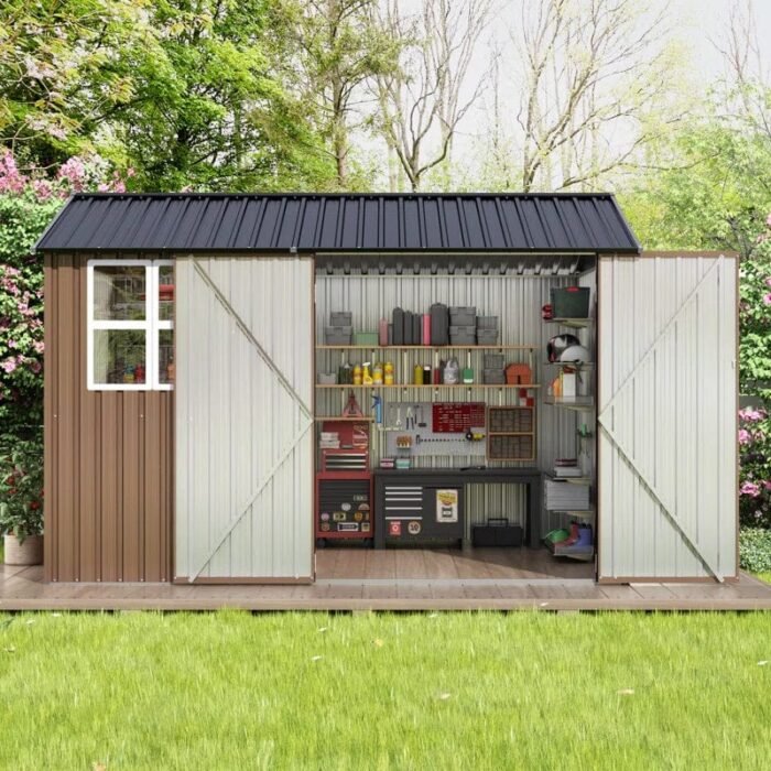 10 Ft. W X 10 Ft. D Brown Metal Storage Shed With Sloping Roof And Double Lockable Door (100 Sq. Ft.) - Image 5