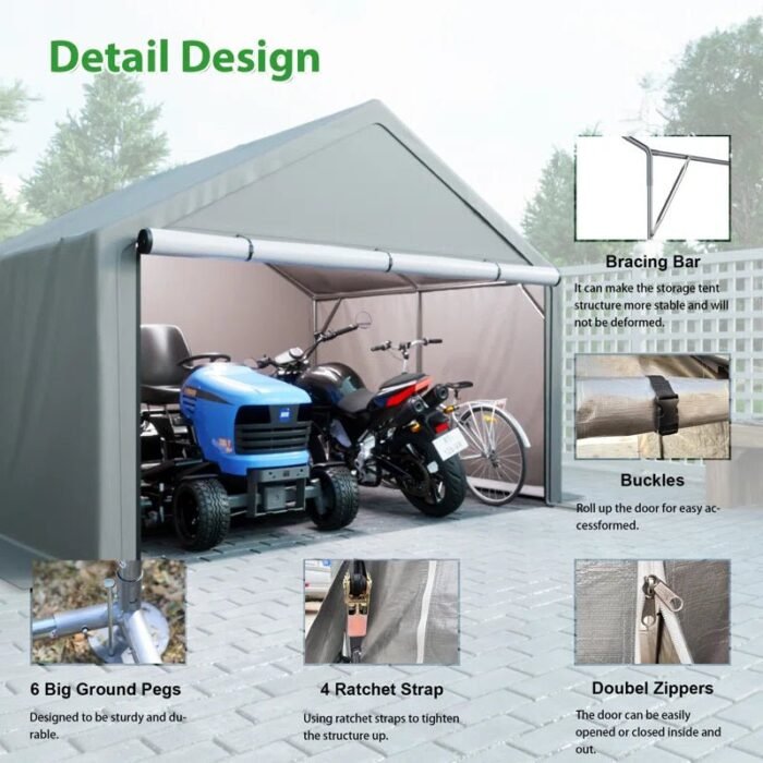 10 Ft. W X 10 Ft. D Portable Storage Shed Bike Shed Motorcycle Garage - Image 2